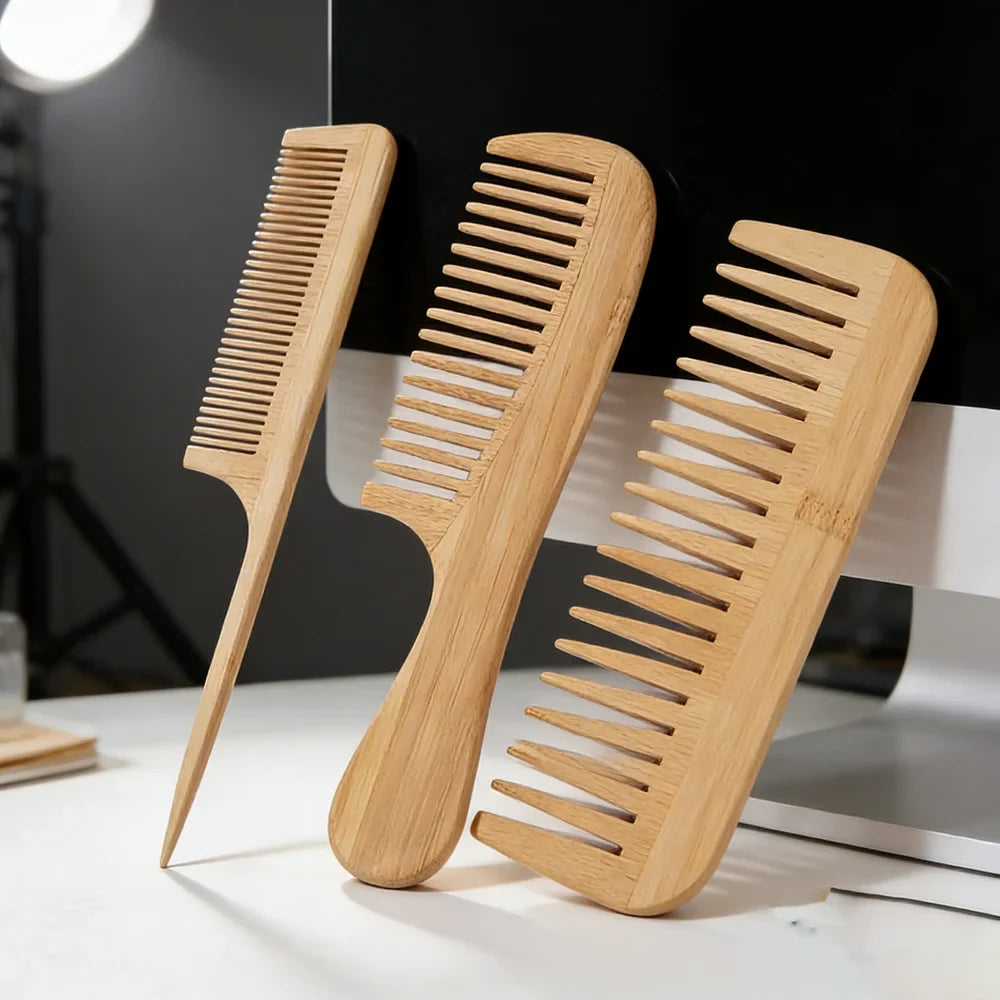 3 Piece Natural Bamboo Comb Set Pointed Tail Comb Wide Tooth Comb