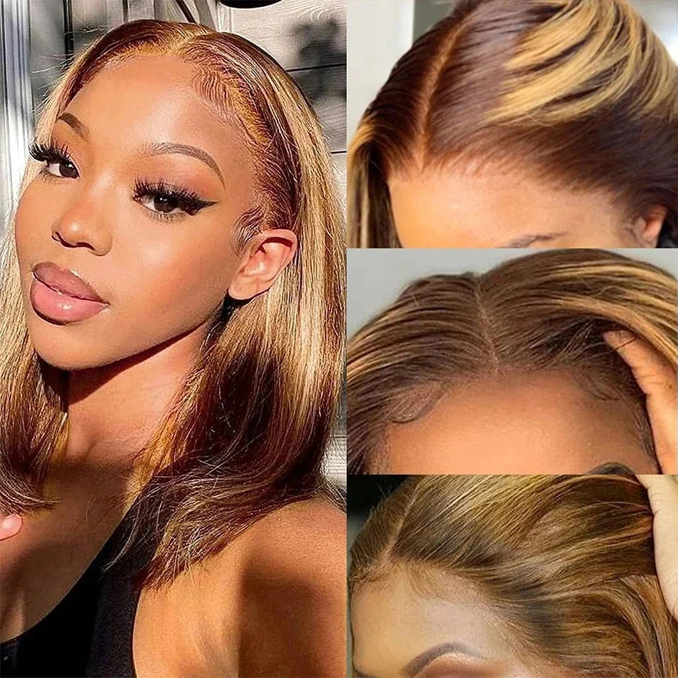 Straight Ombre Bob Wig 13x4 Transparent Lace 200% Density Brazilian Human Hair 4/27 Honey Brown