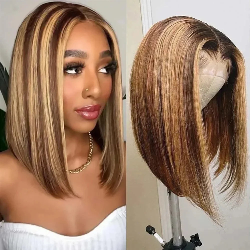 Ombre 4/27 Highlight 13x4 Transparent Lace Front Bob Wig 200% Density Straight Brazilian Human Hair