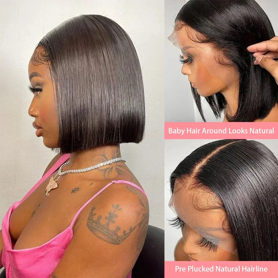4x4 13x4 Lace Frontal Short Straight Bob Human Hair Wig Pre Plucked Brazilian Remy