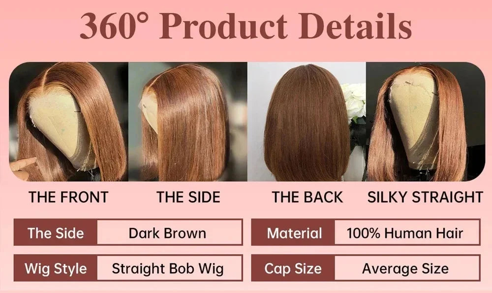 Chocolate Brown 13x4 and 4x4 Lace Frontal Straight Bob Human Hair Wig 16 Inch Pre-Plucked Remy