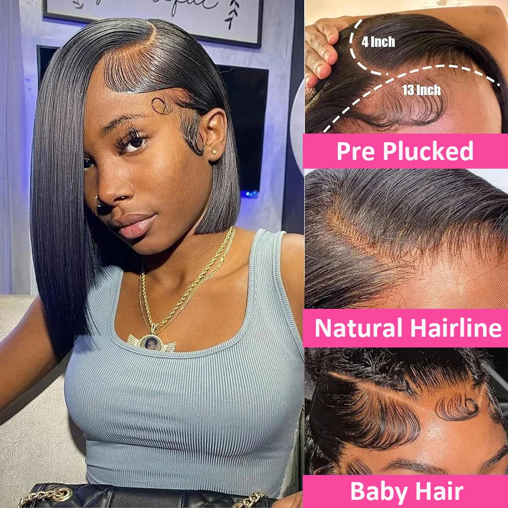 10-16 Inch Short Straight Bob Wig 100% Brazilian Human Hair 13x4 Lace Frontal 200% Density