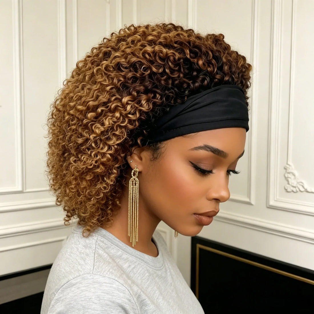 12 Inch Afro Kinky Curly Human Hair Headband Wig for Women