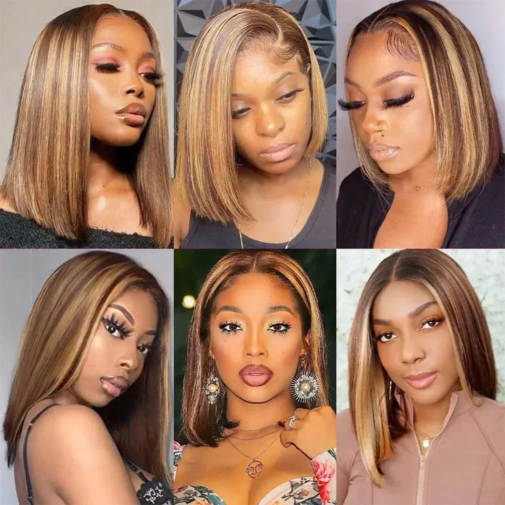 Straight Ombre Bob Wig 13x4 Transparent Lace 200% Density Brazilian Human Hair 4/27 Honey Brown