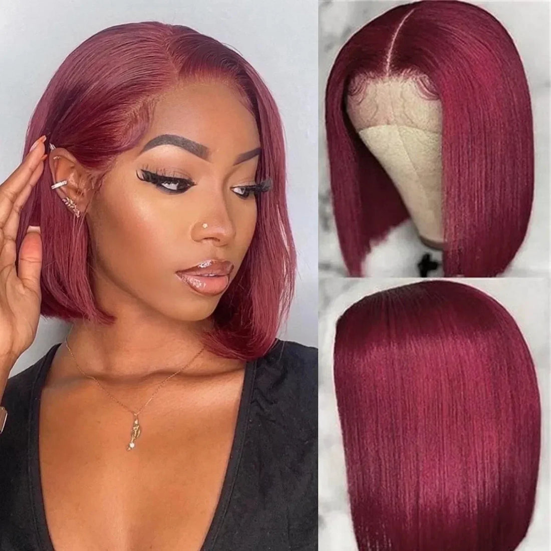 10-14 Inch Burgundy Transparent Lace Front Short Bob Human Hair Wig 200% Density