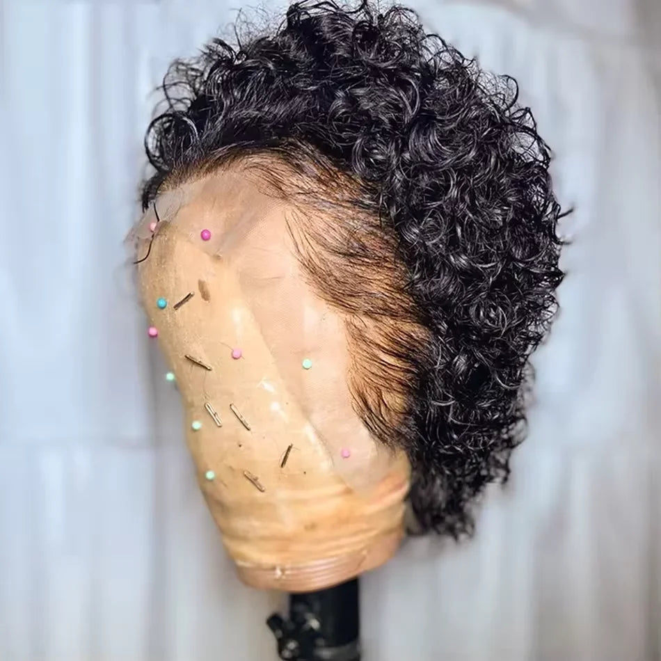 Curly Pixie Cut 13x1 Transparent Lace Frontal 100% Brazilian Human Hair Wig 99J Burgundy for Women