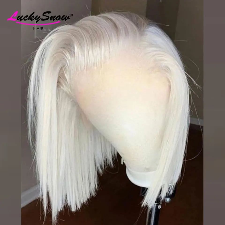 100% Human Hair White Straight Short Bob Lace Front Wig 13x4 Transparent 180 Density